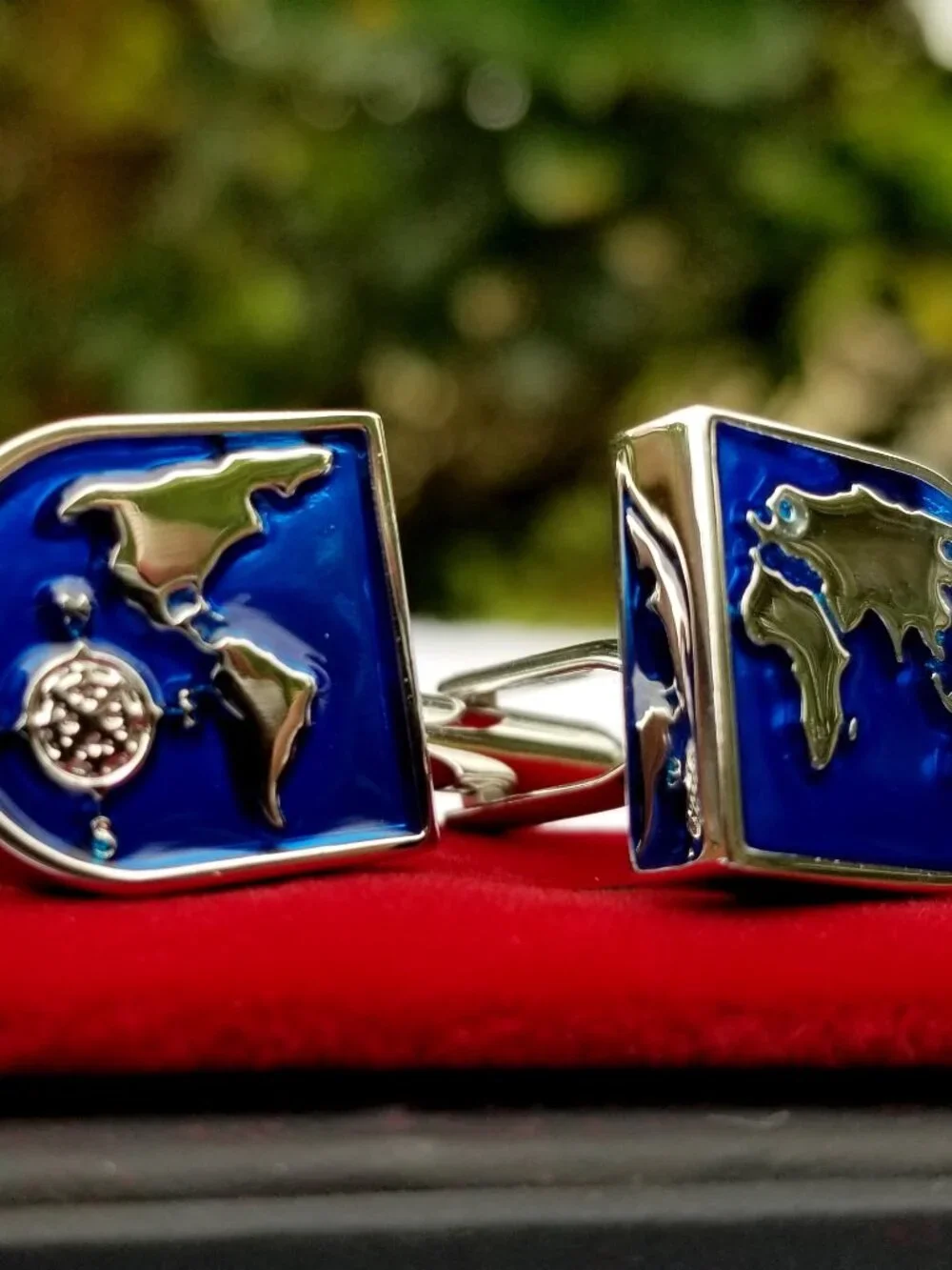 Blue World Map Cufflinks Links Father's Day Travel Geography Explorer Gift Silve